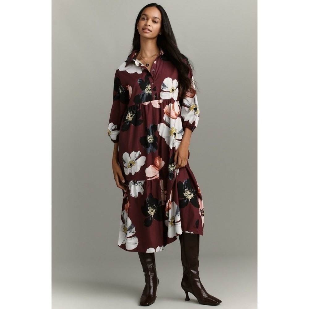 Anthropologie Maeve Bettina Tiered Shirt Dress Wine Dark Floral Midi Fall Large